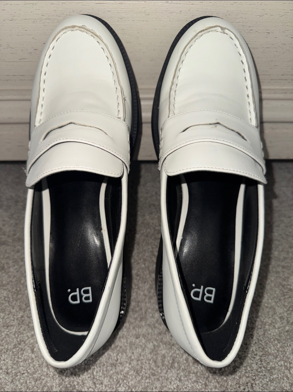 bp White Leather Penny Loafers with Black Insoles Nearly NEW!